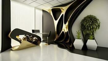 Ultra Modern Office or Home Interior Design with Desktop on Workplace, Plant Pots Decorations. Generative AI photo