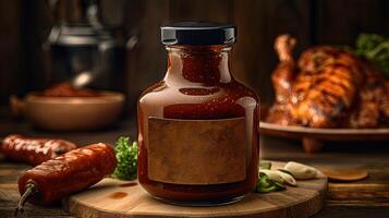Highlighting Food of A Glass Jar Full Red Sauce with Red Chili and Roasted Chicken on Wooden Background. . photo