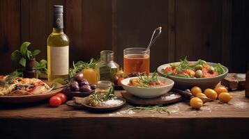 banquete conjunto de delicioso Mediterráneo comida con bebidas para celebracion. generativo ai. foto