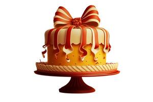 Yellow Deliciously Cake Topped with Loop Bow on Stand for Cutting, Any Celebration. Generative AI. photo