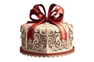 Filigree Piping Cake Topped with Red Loop Bow for Any Celebration. Generative AI. photo