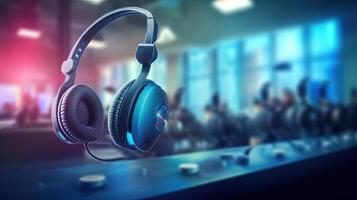 Close-up Shot of Customer Service or Call Center Support Headset with Sound Control Palette In Colorful Lights Background. Digital Technology. photo