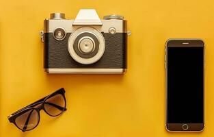 Classic Camera, Smartphone and Sunglasses on Yellow Chrome Background.  Travel Concept. photo