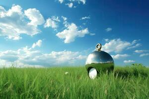 Unusual Garden Image of Aesthetic Round Shape Steel Sculpture on Green Grass and Cloudy Sky. photo