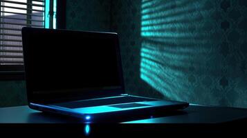 Luminous Notebook Computer or Laptop with Default Desktop in Dark Room. Technology. photo