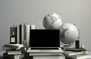 globalización negocio o educación concepto con globo y ordenador portátil en libros pila en gris antecedentes. generativo ai. foto