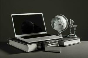 globalización negocio o educación concepto con globo y ordenador portátil en libros pila en gris antecedentes. generativo ai. foto