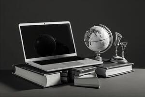 Globalization business or Education Concept with Globe and Laptop on Books Pile in Grey Background. . photo