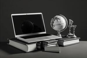 Globalization business or Education Concept with Globe and Laptop on Books Pile in Grey Background. Generative AI. photo