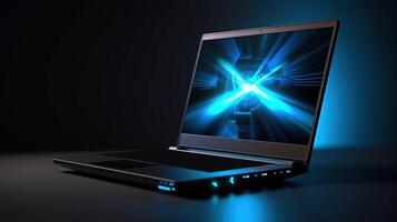 Luminous Connectivity Abstract Screen Notebook Computer Mockup in Dark Background. Technology. photo