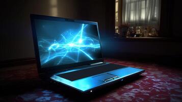 Luminous Connectivity Abstract Screen Notebook Computer Mockup in Dark Room. Technology. photo