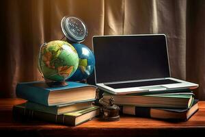 Globalization business or Education Concept with Globe and Laptop on Books Pile Against Brown Curtains Background. photo