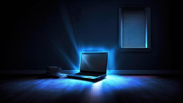 Luminous Connectivity Abstract Screen Notebook Computer Mockup in Dark Room. Technology. photo