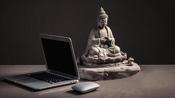 Digital Laptop with Magic Mouse and Statue of Lord Buddha in Dark Background. Technology. photo