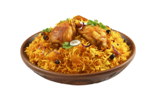 Exquisito pollo Biryani con de barro maceta, antecedentes remoto para máximo impacto. png