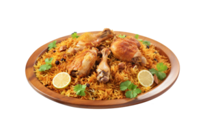 Hähnchen Biryani hölzern Teller repräsentiert gut Eindruck zum Essen Präsentation. png