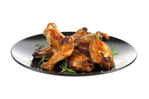 Fried Chicken Drumsticks on Black Plate. png