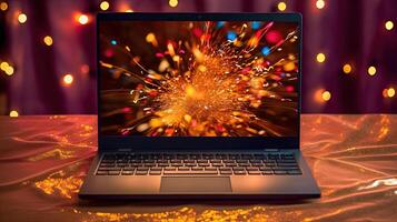 Stunning Photo of Explosion Firework in Laptop or Notebook Computer Screen with Glittering Crumpled Fabric Decorated Lighting Background. Technology.
