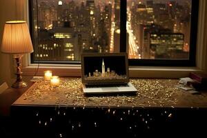 Stunning Photography of New York City in Laptop Screen with Illuminated Glass Candles on Desk Full of Golden Confetti and Table Lamp Against Defocused Window. Generative AI Technology. photo