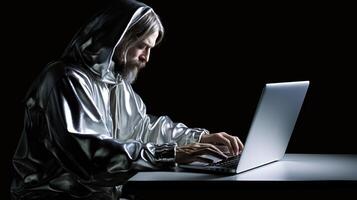 Closeup Portrait of Aged Man in Grey Hoodie Jacket and Using Laptop. Concept of Hacker or Cyber Security Concept. . photo