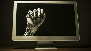 Hand of Robot or Human View In Monitor Screen Generative AI Digital Science Technology. photo