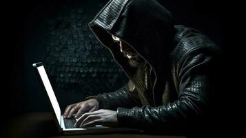 Closeup Portrait of Young Man Wearing Black Hoodie and Using Laptop in Dark Background. Concept of Hacker or Cyber Attack. photo