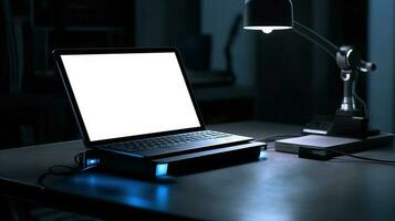 Dark Interior Workplace of Glowing Laptop and Illuminate Desk Lamp Generative AI Digital Modern Technology. photo