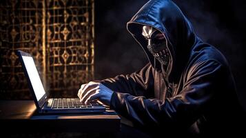 Closeup of Hacker Portrait Using Laptop at Dark Room. Concept of Cyber Security. . photo