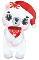 celebrar Navidad con un linda polar oso café taza. encantador dibujos animados acuarela ilustración png