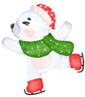 Cute joyful and happy Christmas Polar Bear Skating , Cartoon animal Watercolor png