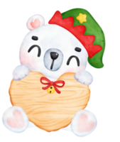 Cute Christmas Polar Bear in Santa Dress holding wooden board sign Cartoon Watercolor Illustration png