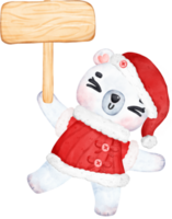 Cute Christmas Polar Bear in Santa Dress holding wooden board sign Cartoon Watercolor Illustration png