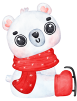 Cute joyful and happy Christmas Polar Bear Skating , Cartoon animal Watercolor png