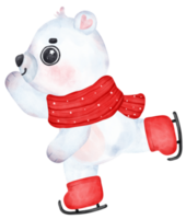 Cute joyful and happy Christmas Polar Bear Skating , Cartoon animal Watercolor png