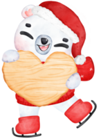 Cute Christmas Polar Bear in Santa Dress holding wooden board sign Cartoon Watercolor Illustration png