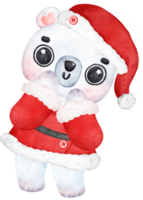 Cute Christmas Polar Bear in Santa Dress, Cartoon Watercolor Illustration png