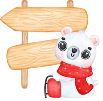 Cute Christmas Polar Bear in Santa Dress holding wooden board sign Cartoon Watercolor Illustration png