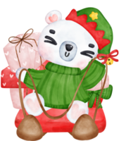 Festive Christmas Cartoon Illustration, Cute Polar Bear Delivering Gifts on Sled. png