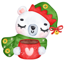 celebrare Natale con un' carino polare orso caffè tazza. delizioso cartone animato acquerello illustrazione png