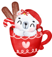 feiern Weihnachten mit ein süß Polar- Bär Kaffee Becher. herrlich Karikatur Aquarell Illustration png