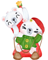 Festive Christmas Cartoon Illustration, Cute Playful Polar Bears Delivering Gifts on Sled. png