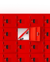 Red skateboard in a red locker with an open lid. PNG transparent