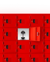 Steel dumbbells in red locker in gym PNG transparent