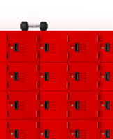 Dumbbells on red lockers inside the gym PNG transparent