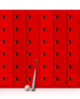 A baseball bat and a ball are placed in front of a red locker. PNG transparent