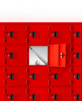 Baseball with bat inside a red locker with an open lid inside a gymnasium. PNG transparent
