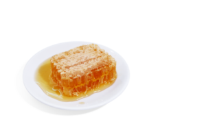 beeswax honeycomb yellow natural honey slices on white plate isolated PNG transparent