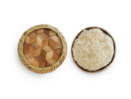Traditional patterned bamboo box with Thai sticky rice PNG transparent