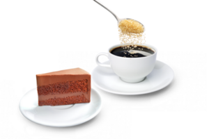 Spoon pouring granulated sugar into coffee mug with chocolate cake front view isolated PNG transparent