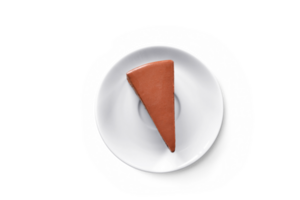 Chocolate cake in white plate,, top view. PNG transparent